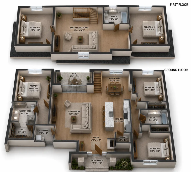 Floorplan over two levels. On the first floor, two bedrooms open directly off a loft living room at the top of the stairs. On the ground floor, the staircase comes down into an open-plan living room, kitchen and dining area.