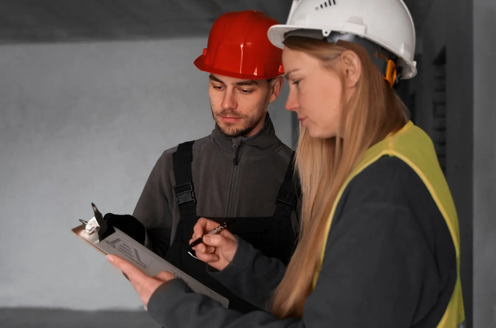 An assessor making notes on a clipboard during a property inspection